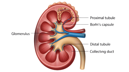 Detailed cross section of a human kidney illustrating nephron structures and blood vessels for medical education