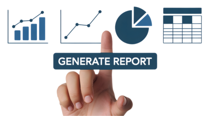 Professional hand presses button to generate insightful business reports with charts and graphs for strategic decision making