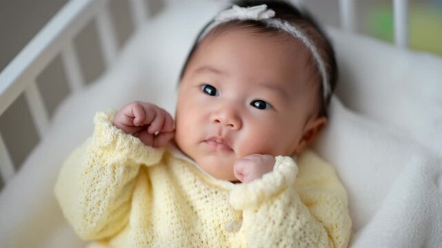 赤ちゃんが淡い黄色の衣で安らぐ