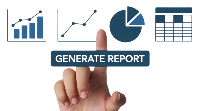 Professional hand presses button to generate insightful business reports with charts and graphs for strategic decision making
