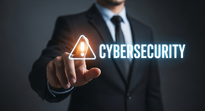 Cybersecurity warning alert pressed by businessman, data protection