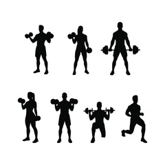 Silhouettes of people lifting weights and exercising