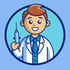 Cheerful Cartoon Doctor Holding Syringe Vector Illustration