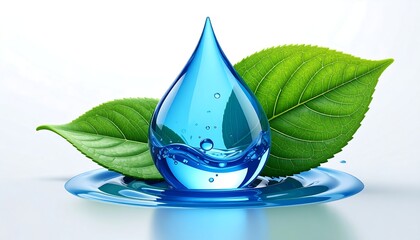 3D Blue Water Droplet with Green Leaf Eco Icon Isolated on White Background