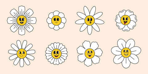Set of groovy retro flower faces with yellow centers, white petals, and playful expressions in a vintage 70s psychedelic style