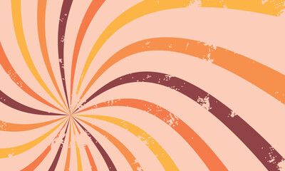 Retro spiral background with warm orange, yellow, and brown swirl lines in a distressed 70s style with grunge texture