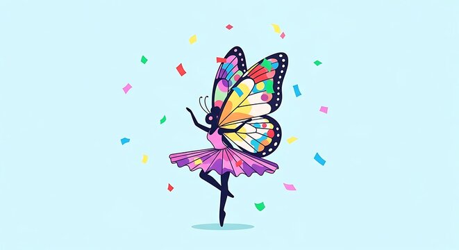 A dancing silhouette with a butterfly for a body and wings, surrounded by colorful confetti, on a light blue background