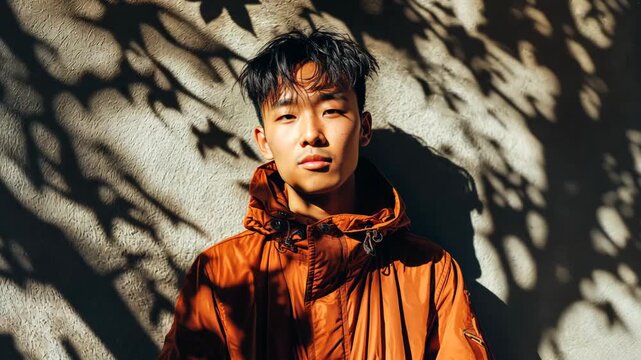young Asian Korean man standing at street wall with leaves shadow on his face