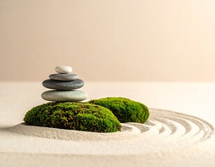 Small stack of mossy stones on sand, green + beige, minimalist zen composition