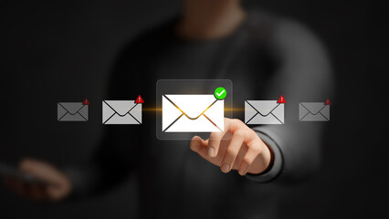 Filter spam alerts, email hacking and spam warning, email security threats, online protection and cybersecurity concept. Businessman touching safe email notification on virtual screen. 3D illustration