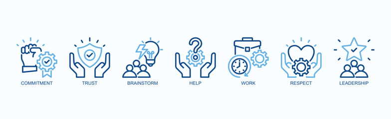 Strong Teamwork And Leadership Icon Set Isolated Vector Illustration Concept With Icon Of Commitment, Trust, Brainstorm, Help, Work, Respect, Leadership In Two Color Outline Style