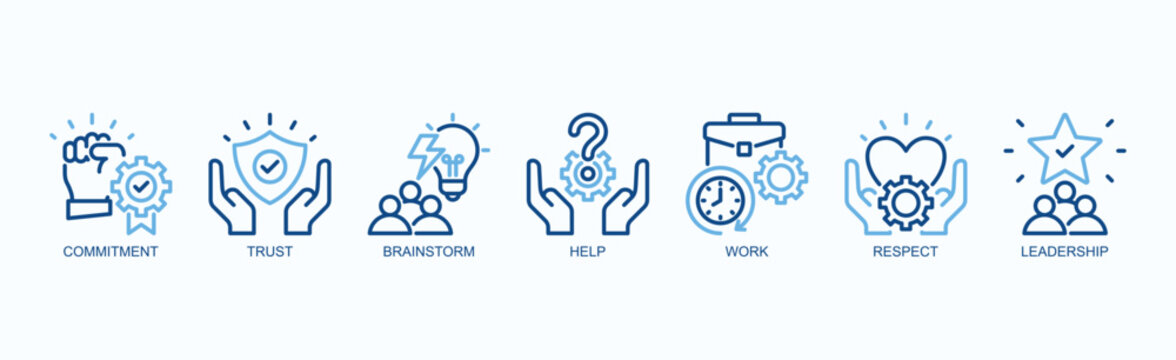 Strong Teamwork And Leadership Icon Set Isolated Vector Illustration Concept With Icon Of Commitment, Trust, Brainstorm, Help, Work, Respect, Leadership In Two Color Outline Style