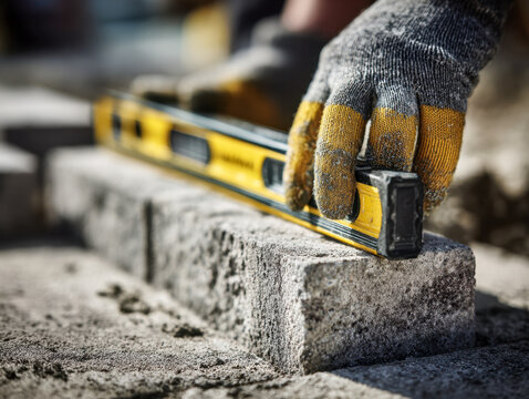 Worker wearing protective gloves using a spirit level tool to ensure precise alignment of concrete blocks during outdoor masonry construction project on site