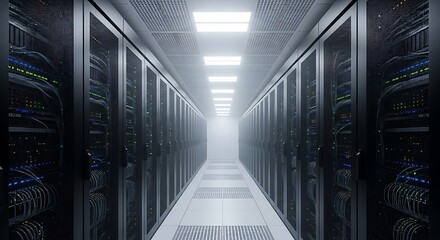 A data center hallway features server racks. Bright lights illuminate the perspective view. The scene is atmospheric with a slight haze