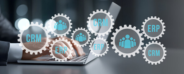 CRM and ERP integration system concept with business automation and teamwork icons.
