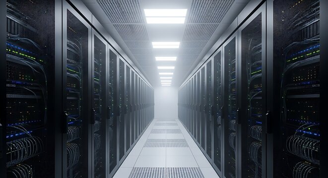 A data center hallway features server racks. Bright lights illuminate the perspective view. The scene is atmospheric with a slight haze