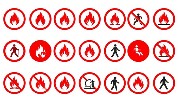 Array of round red symbols. Some depict flames while others show people in various positions, all in a warning context