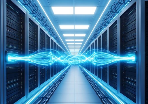 A data center corridor stretches into the distance, with rows of server racks illuminated by bright overhead lights. Energy flows
