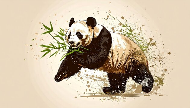 Artistic illustration of a giant bear eating bamboo. A stylized background adds a creative touch