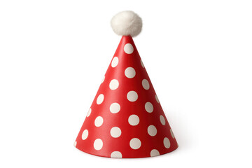 Red polka dot party hat with white pom-pom on top, celebrating birthdays and festive events