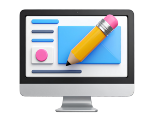 Digital Creation Concept 3D Icon with Monitor and Pencil on Transparent Background. Perfect representation for design apps, content creation, and web illustration concepts.