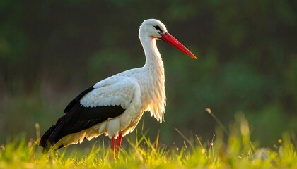 Fototapeta premium White Stork with Red Beak and Legs in Golden Hour Light on Green Grass