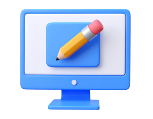 Digital Creation Concept 3D Icon with Monitor and Pencil on Transparent Background. Perfect representation for design apps, content creation, and web illustration concepts.