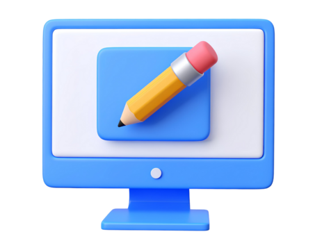 Digital Creation Concept 3D Icon with Monitor and Pencil on Transparent Background. Perfect representation for design apps, content creation, and web illustration concepts.