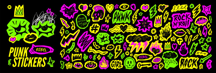 Fototapeta Neon colored y2k punk sticker collection. Crayon drawn rock and roll icons, punk text stickers. Marker scribbly rock grunge doodles for scrapbook, collage and zine design. Fire, lightning and hearts. Neon colored y2k punk sticker collection. Crayon drawn rock and roll icons, punk text stickers. Marker scribbly rock grunge doodles for scrapbook, collage and zine design. Fire, lightning and hearts.