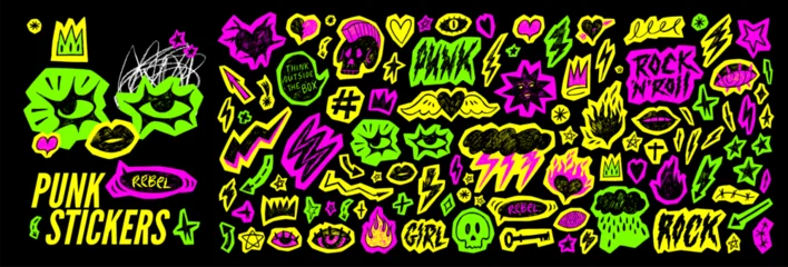 Selbstklebende Fototapeten Restaurant Neon colored y2k punk sticker collection. Crayon drawn rock and roll icons, punk text stickers. Marker scribbly rock grunge doodles for scrapbook, collage and zine design. Fire, lightning and hearts.  © Anastasiia Hevko