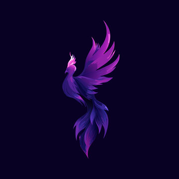 Mythical Phoenix Bird Illustration with Vibrant Purple and Pink Gradient Wings. Majestic Fantasy Creature Flying, Digital Art on Dark Background.
