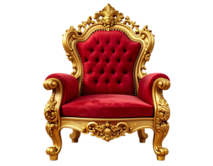 Elegant golden throne chair featuring intricate carvings, plush red seat cushion, and decorative accents. Isolated on transparent background.