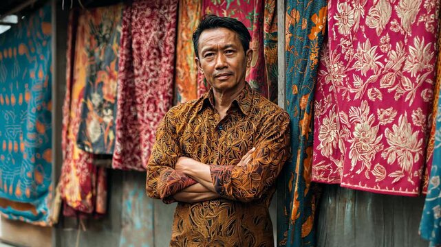 middle age Indonesian Batik maker standing proudly in front of batik fabric behind him 