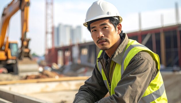 Construction worker poses at site with equipment and safety gear