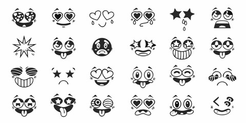 Collection of diverse cartoon faces expressing various emotions and reactions in black and white style