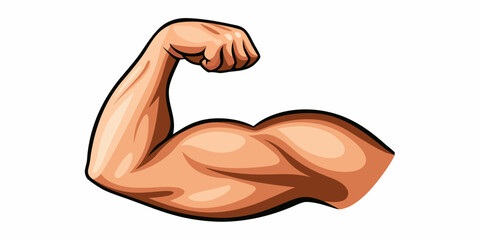 Cartoon illustration of a muscular flexed arm showing biceps and triceps muscles with a clenched fist