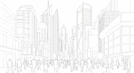 Fototapeta premium Crowded city skyline with people silhouette urban line art illustration.