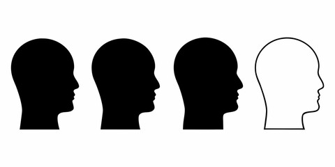 Four human head profile silhouettes three solid black and one white outline