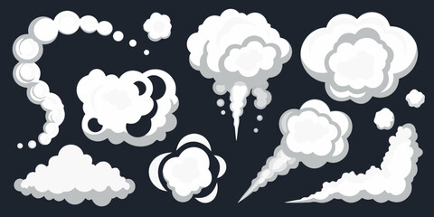 Collection of stylized cartoon smoke and cloud effects in white and grey on a dark background