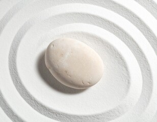 Single smooth pebble on white sand, beige + white, soft shadow, top-down minimal