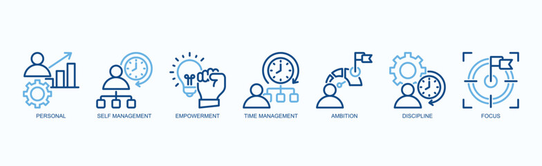 Driven Self Icon Set Isolated Vector Illustration Concept With Icon Of Personal, Self Management, Empowerment, Time Management, Ambition, Discipline, Focus In Two Color Outline Style