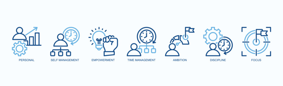Driven Self Icon Set Isolated Vector Illustration Concept With Icon Of Personal, Self Management, Empowerment, Time Management, Ambition, Discipline, Focus In Two Color Outline Style