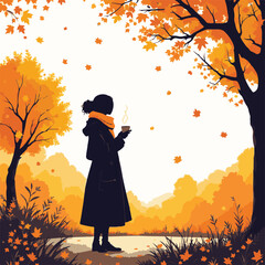 Woman with Coffee in Autumn Park