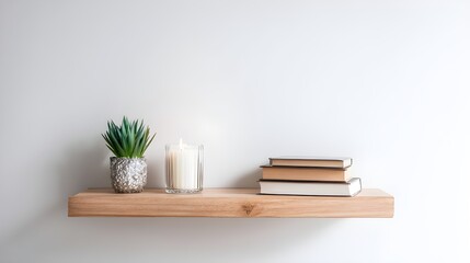 Fototapeta premium Wooden Shelf with Candle and Succulent Decor