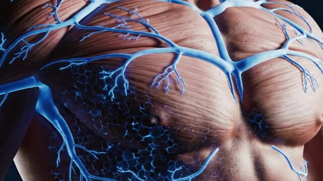 Close up view of human torso with visible muscles and blue veins on a dark background anatomy study