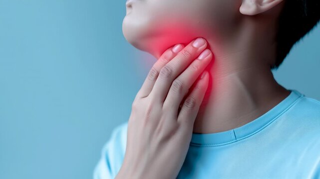 Throat pain shown with a red glow on a person's neck. Medical concept for pharyngitis or viral infection symptoms. Close-up lockdown shot.