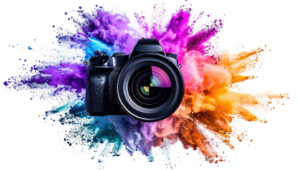 Camera centered in colorful smoke explosion, vibrant hues of purple, orange, and teal on a black background