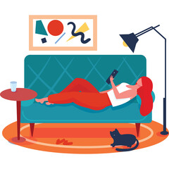 Woman Relaxing on Teal Sofa with Remote Control and Black Cat Nearby in a Cozy Living Room with Abstract Wall Art and Floor Lamp Illuminated by Soft Light