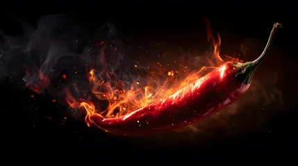Canvas schilderij Hete pepers Fiery red chili pepper engulfed in dramatic flames and smoke against a deep black background  © Gendar SINURO