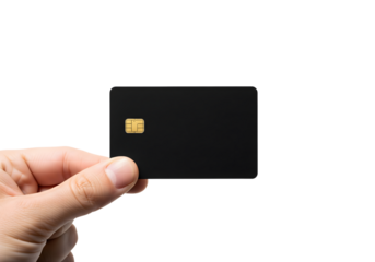 A hand holding a sleek, black credit card against an isolated background. The card features a subtle golden chip